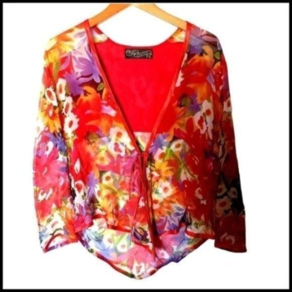 Vintage Top Silk Blouse Abstract Colorful Maggie Shepherd Floral M Medium Tie Fr